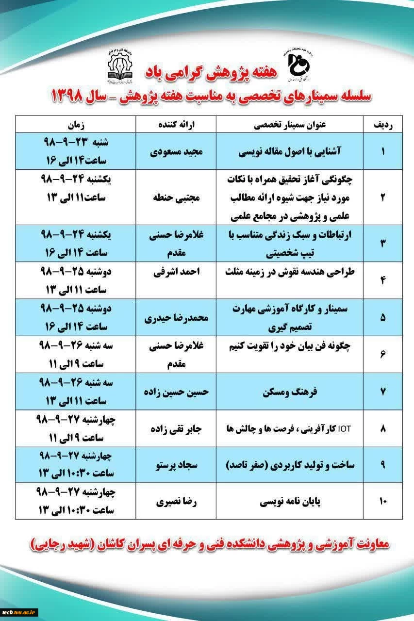 برگزاری هشتمین سمینار در هفته پژوهش در دانشکده فنی و حرفه ای شهید رجائی کاشان 2